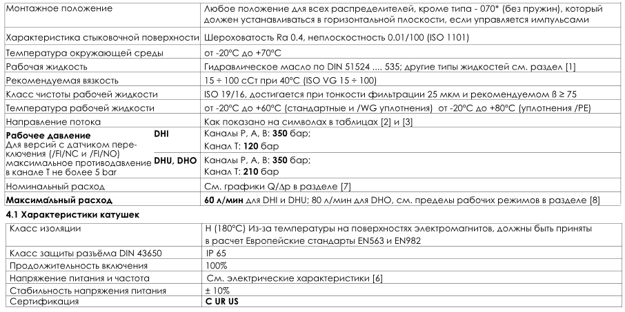 Основные характеристики гидрораспределителей DHI, DHO, DHU